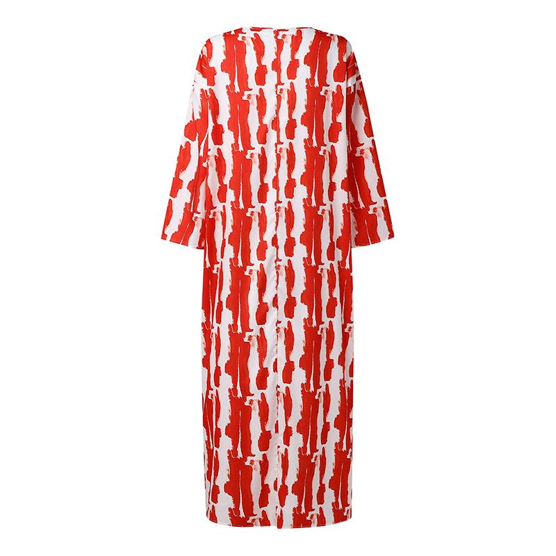 Oversized Women V Neck Long Sleeve Floral Print Casual Loose Maxi Kaftan Dress Robes