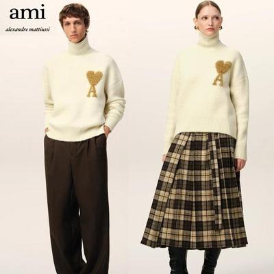 AMI 2025 סתיו וחורף חדש זהב וכסף לב גדול תערובת צמר אלפקה סוודר צווארון גבוה סרוג רך ודביק לזוגות