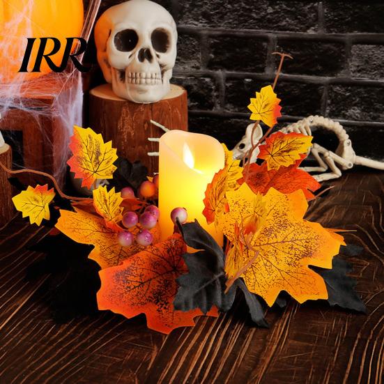 Seasonal Holiday Ornaments Halloween Floral Candle Ring, Artificial Maple Rose Wreath for Spooky Home Decorations Holder, Table Centerpiece