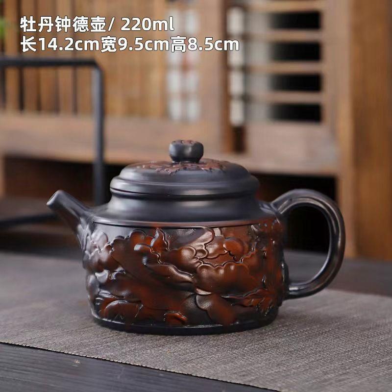 1 PCS Purple Ceramic Relief Single Dragon Phoenix Stone Scoop Pot Ball Hole Filter Large Capacity Purple Mud Retro Teapot