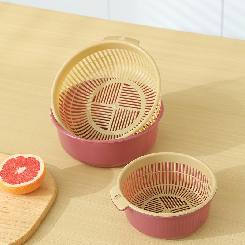 Vegetable Basin Plastic Double-Layer Drain Basket Leaky Basin Rice Vegetable Blue Vegetable Basin Household Kitchen Fruit Plate
