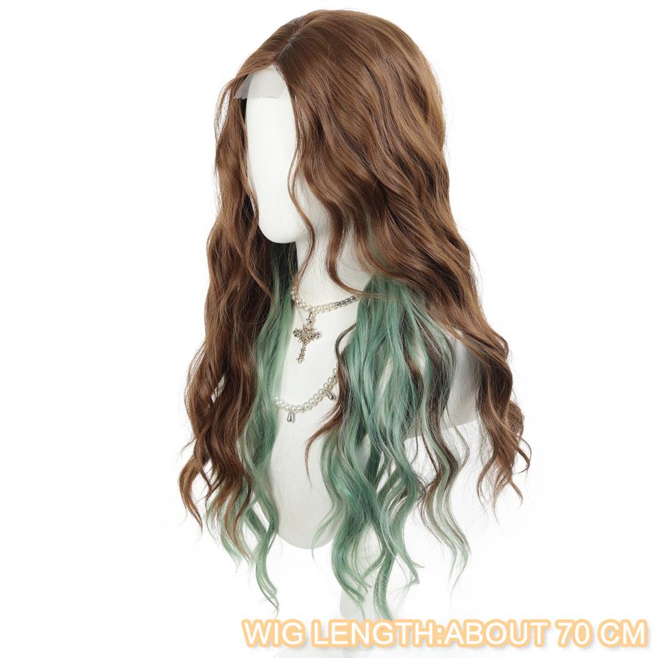 Forehead Lace Style Synthetic Long Curly Wig Ladies Wig Highlights Green Long Wavy Curly Wig Suitable for Holiday Daily Wear