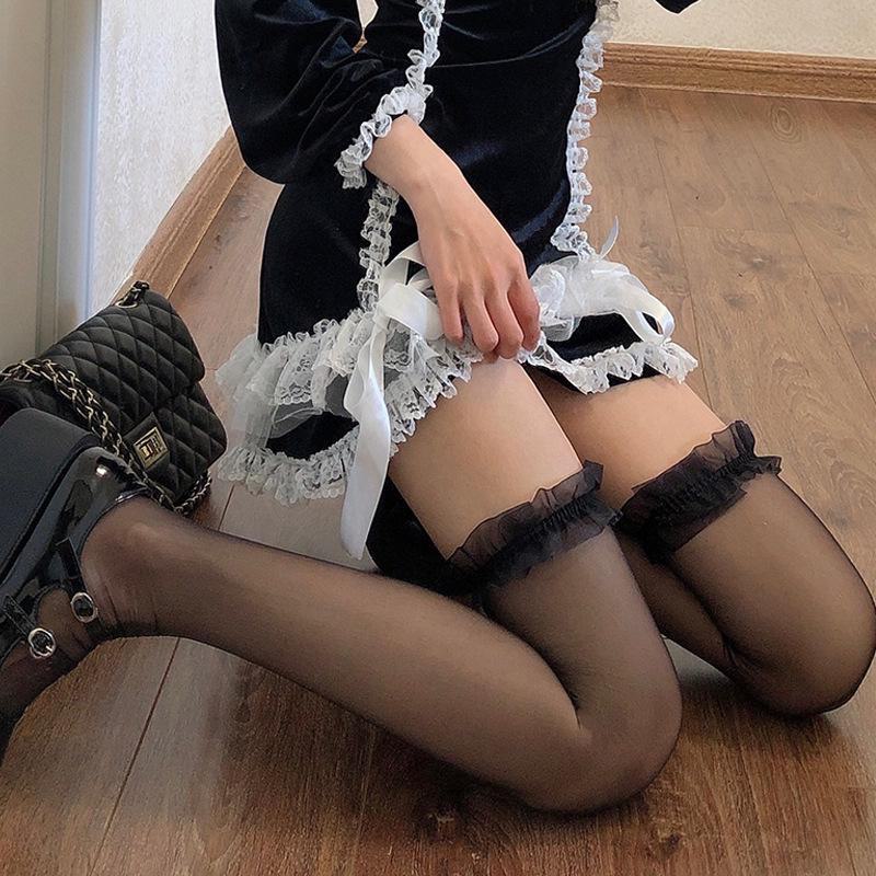 Black Lace Bow Garter Stockings - Over-the-Knee Fishnet for Women