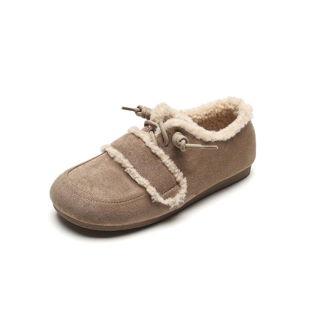 Retro color matching fleece shoes flat bottom fluffy single shoes women wear autumn and winter