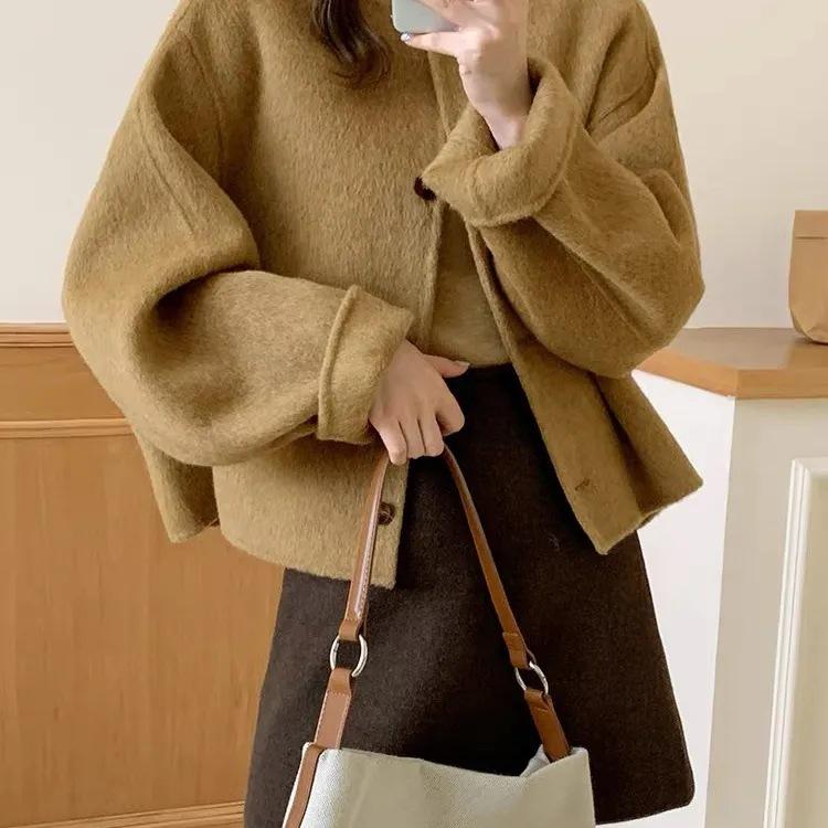 Women's Loose Korean Style Wool Coat - Winter 2024 Round Neck Overcoat