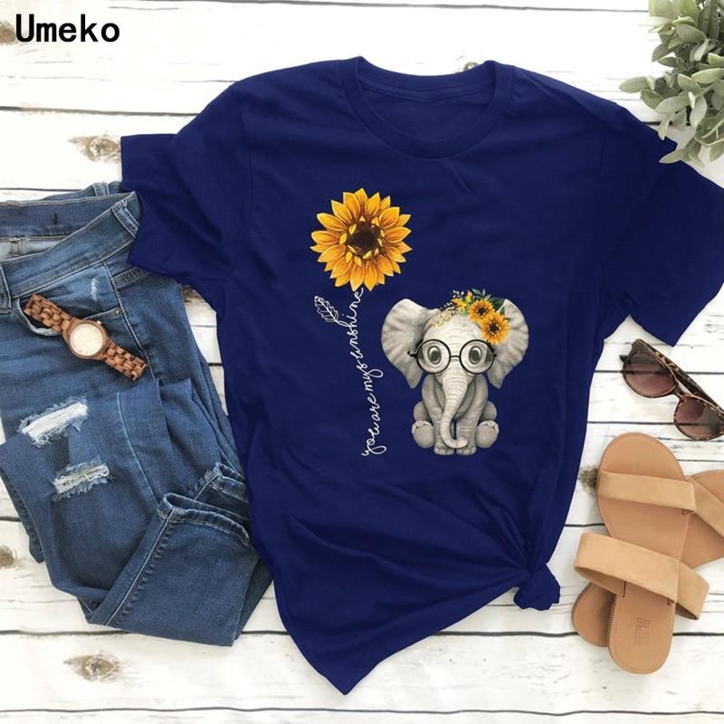 Women Summer T Shirt  Baby Elephant Print Retro Fashion Short Sleeve Tees Casual   Printed  Tops