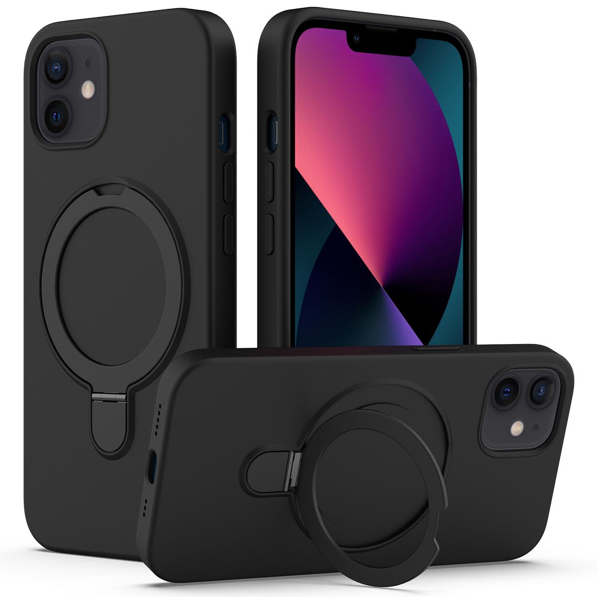 

For iPhone 11 Magnetic Case with Ring Kickstand PC+Silicone Drop-Proof Phone Cover Black