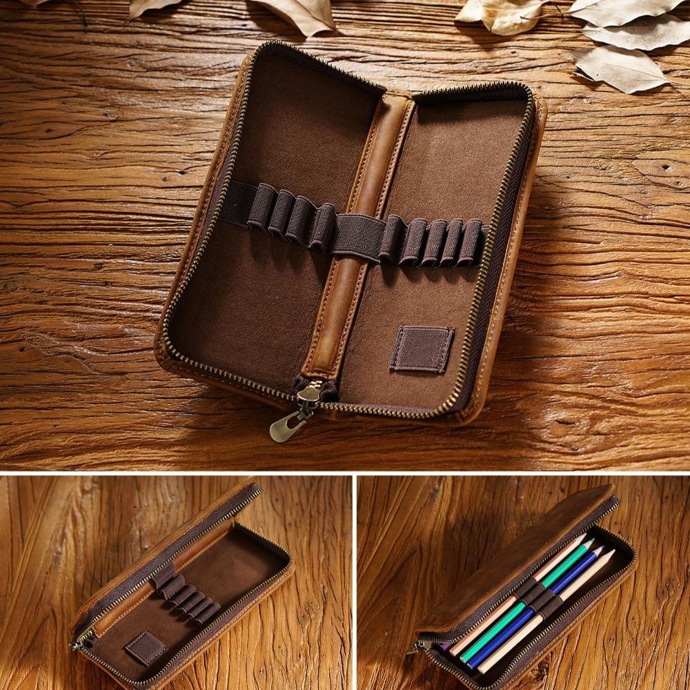 Estuche para bolígrafos de piel de vaca Cubierta protectora para bolígrafos de cuero genuino Bolsa creativa para lápices Suministros de oficina y escolares