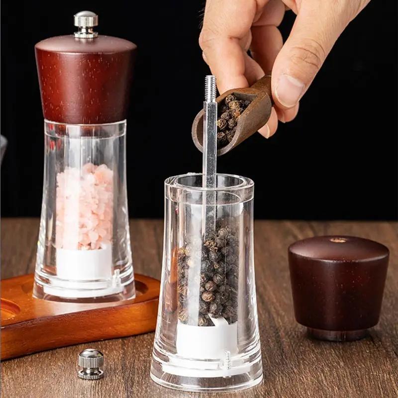 Transparent Acrylic Pepper Grinder Set With Base,Manual Solid Wood Head Rose Sea Salt Pepper Mills Western Seasoning Grinding