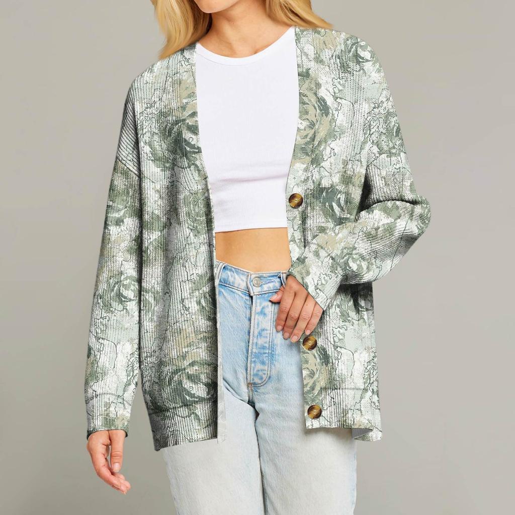 Women's Fashion Long Sleeve Print V-Neck Button Loose Cardigan Top