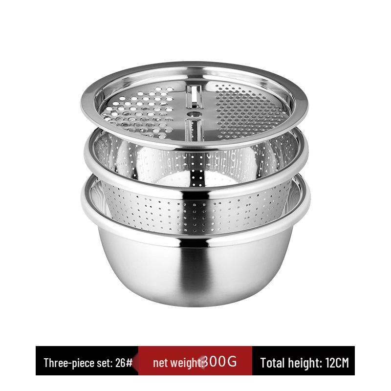 3-in-1 Stainless Steel Kitchen Set: Vegetable Washing Basin, Drain Basket, Grater, and Rice Sieve.