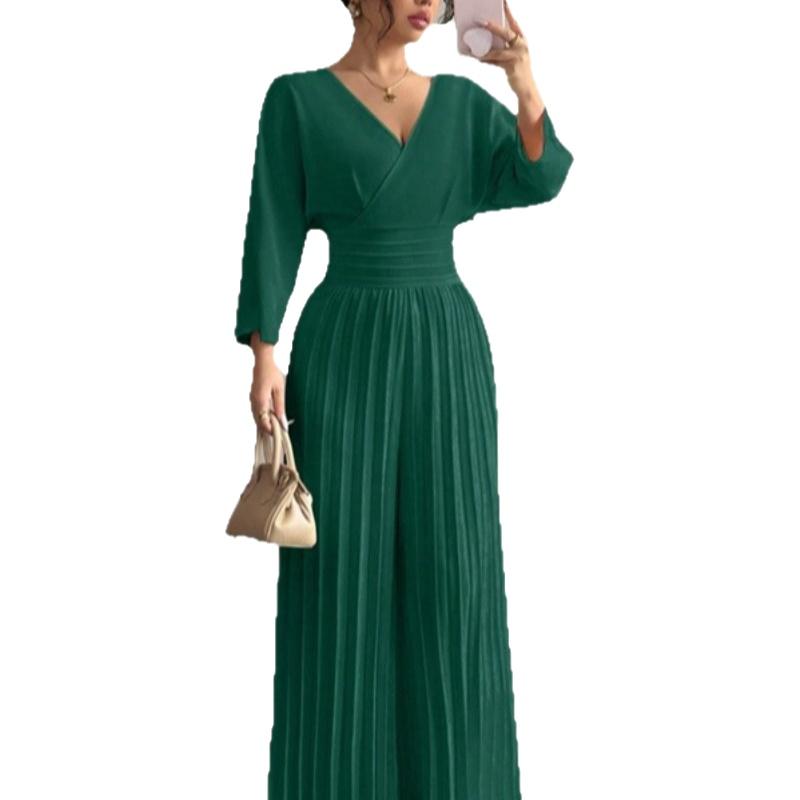Pantaloni a gamba larga a vita alta alla moda, eleganti, tinta unita, scollo a V, manica corta, plissettati, tuta intera da donna, stile da pendolare