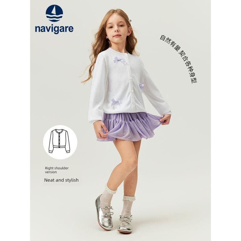 Navigare Italian Small Sailboat Children's Knitted Cardigan Sweater Spring Girls' White Jacket with Bow Top