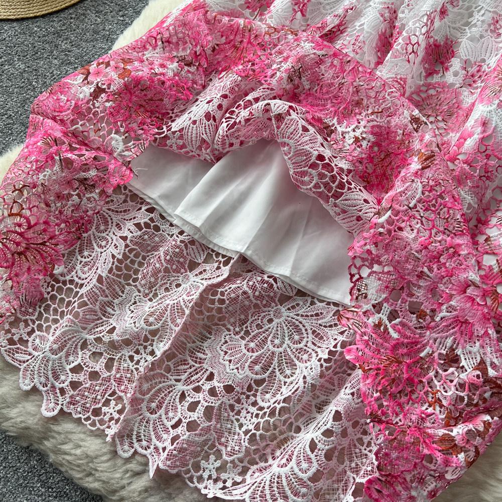 Summer Fashionable Short Sleeve Slimming Water Soluble Lace Dress Vintage Stand Collar Ruffles Splice Lace Mid-Length Dress