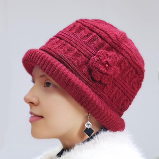 Women Thicken Knitted Hat Flower Crochet Bucket Hat for Elderly Women Winter Warm Fisherman Hat for Outdoor Activities