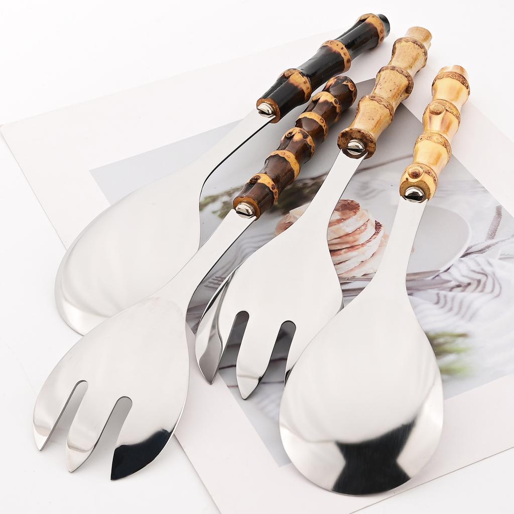 2/4pcs Bamboo Handle Dinnerware Set Salad Fork Spoon Cutlery Set Mirror Stainless Steel Flatware Western Home Kitchen Tableware