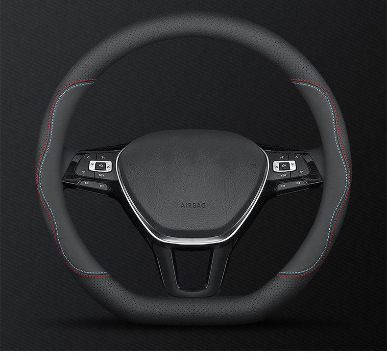 Genuine Leather D-Shaped Steering Wheel Cover - Ultra-thin, Breathable, Anti-slip, Sweat-absorbing, All-season, Universal Fit.
