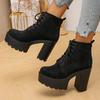 Black Thick High Heels Ankle Boots Women  Plus Size 42 Lace Up Short Booties  Vintage Chunky Platform Flock Boots Woman