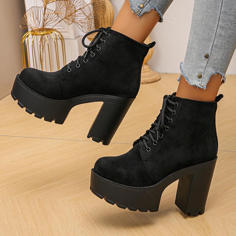 Black Thick High Heels Ankle Boots Women Plus Size 42 Lace Up Short Booties Vintage Chunky Platform Flock Boots Woman