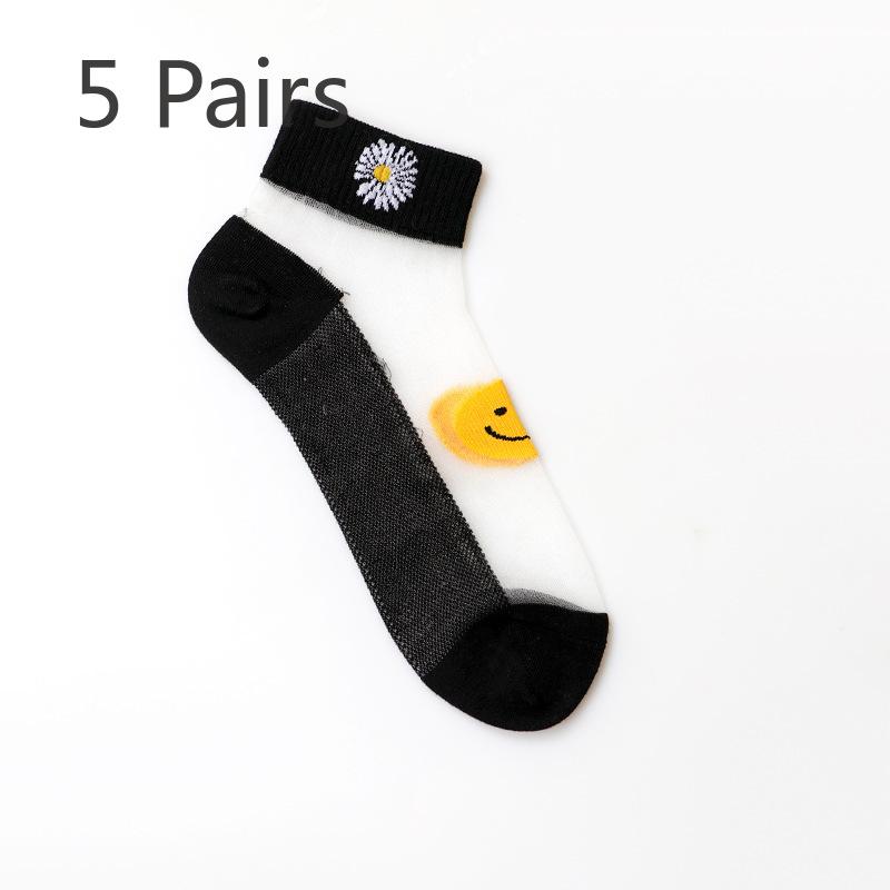 5 Pairs of Ladies Spring and Summer New Small Daisy Crystal Silk Short Boat Socks