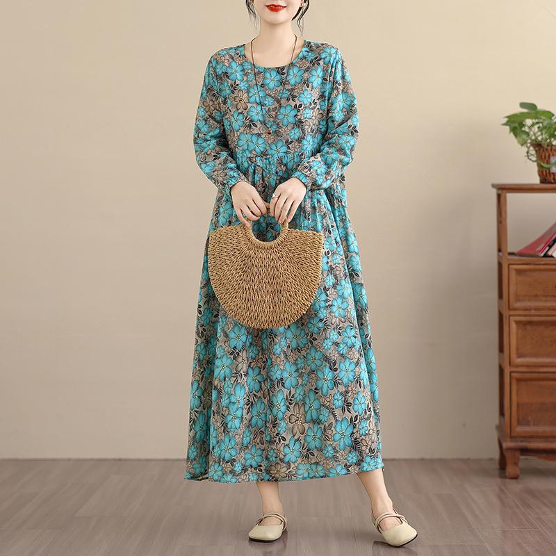 DIMANAF Neu 2025 Damen Übergröße Frühling Langes Kleid Locker Basic Vintage Oversize Langarm Maxi Floral