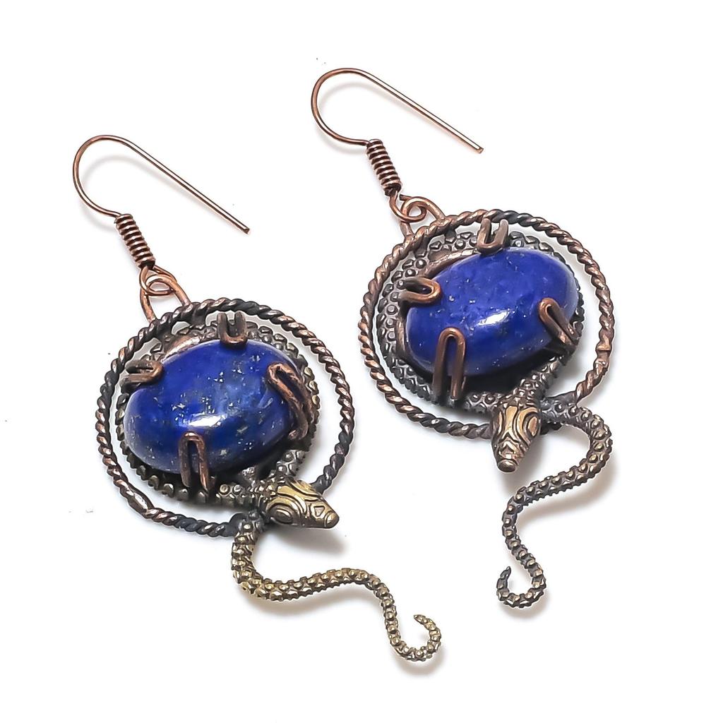 Lapis Lazuli 999 Copper Wire Wrapped Earrings, Handmade Gemstone Earrings Jewelry, Gifts For Wife Brand New Earrings