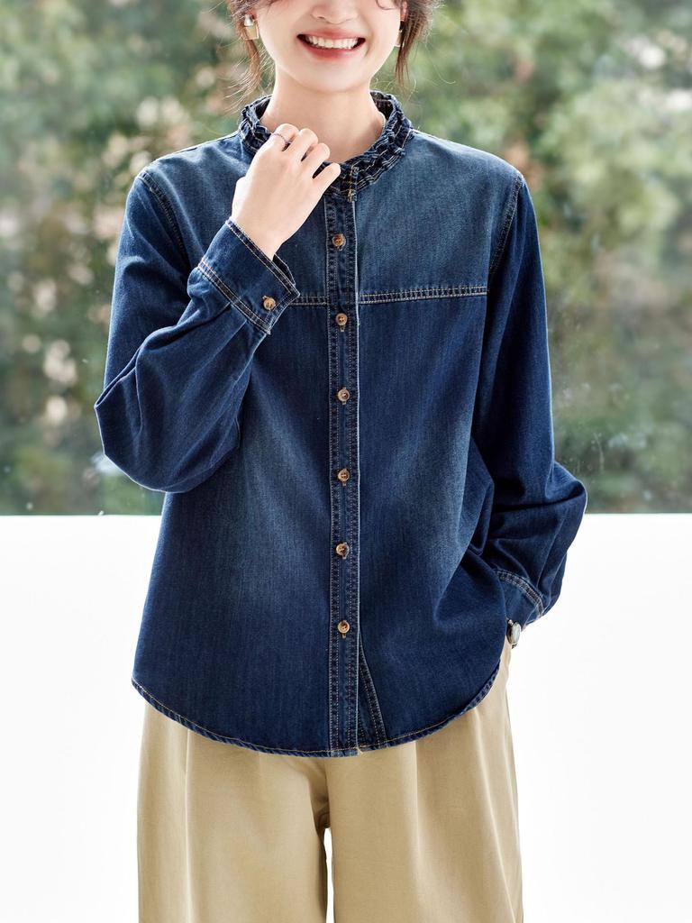 Women's Long Sleeve Retro Blue Denim Shirt Jacket with Ruffled Collar - 2026 Spring Arrival