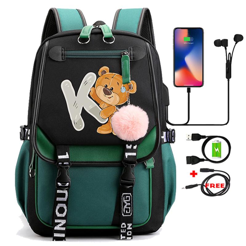 Lovely Little Bear 26 English Letters Student School Bag Backpack Outdoor Teenage Girl Cartoon Bookbag Laptop Travel Rucksack