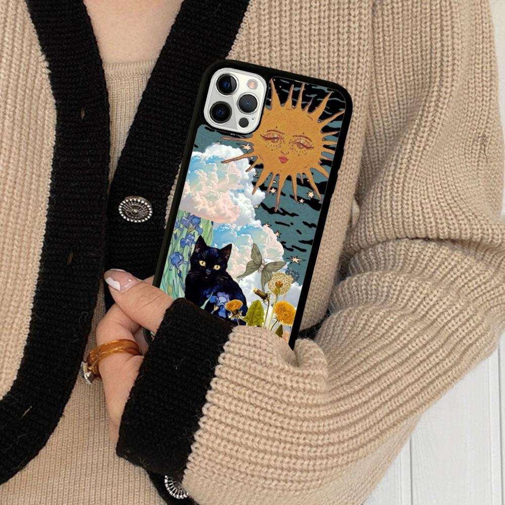 Cartoon Animal Black Cat Oil Painting Phone Case Silicone PC+TPU For For iPhone  11 12 13 14 15 16 Plus Pro Max Cover