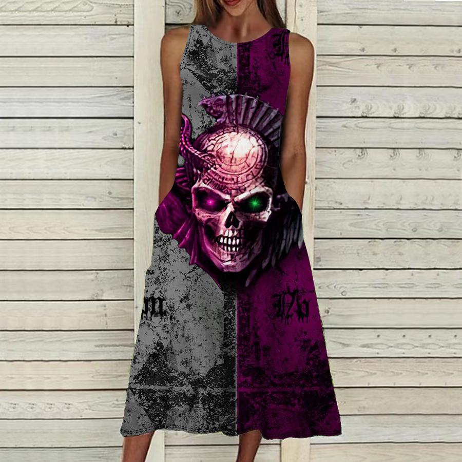 Moda de vară Rochie sexy fără mâneci Moale Casual Rochie cu imprimeu schelet întunecat Rochie fără mâneci Rochie cu bretele de vară