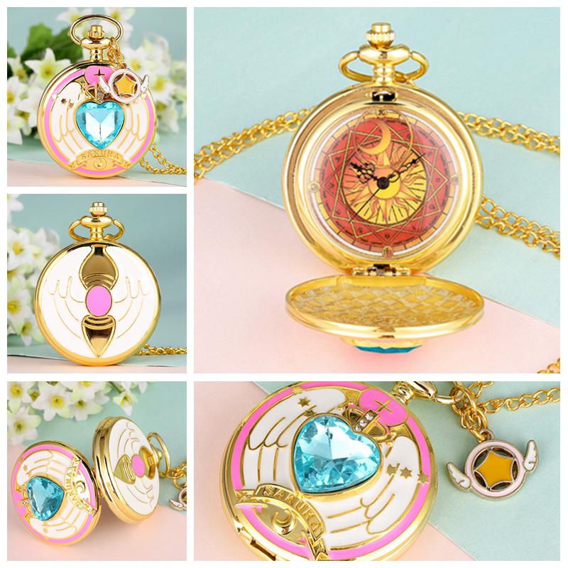 

12 стилей Мода ювелирные изделия карты Captor Сакура серии Часы Ожерелье Карманные часы Золотой кулон Часы для девочек Подарок