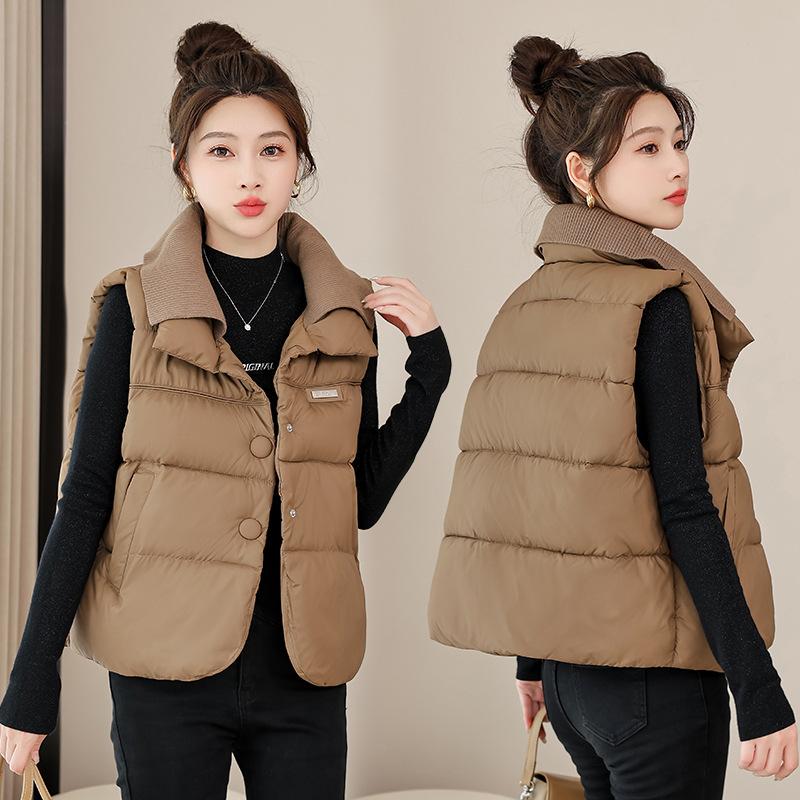 European new autumn and winter down cotton clothes vest women's light knitted splicing double-layer collar vest jacket