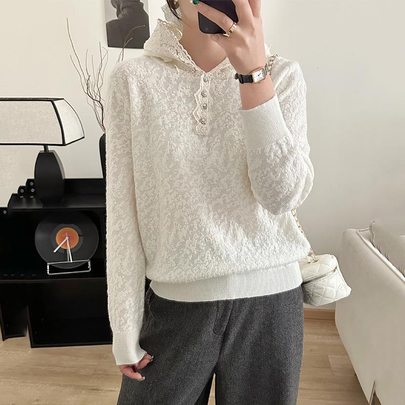 

Женский трикотаж с капюшоном и кружевной отделкой, 2025, корейский стиль, тонкий свитер-топ Large