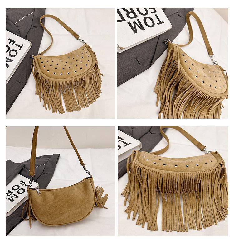 Lightweight Tassel Underarm Bag: Trendy Retro Saddle Design with Versatile Studded Details for Autumn and Winter Fashion