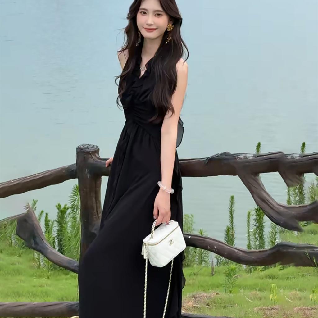 French red neck sling dress for children's summer new popular seaside vacation high-end long dress