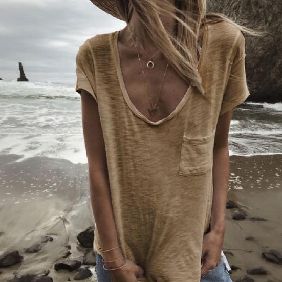 Women T-shirt Round Neck Short Sleeve Patch Pocket Tee Shirt Solid Color Loose Fit Thin Pullover Tops Daily Wear