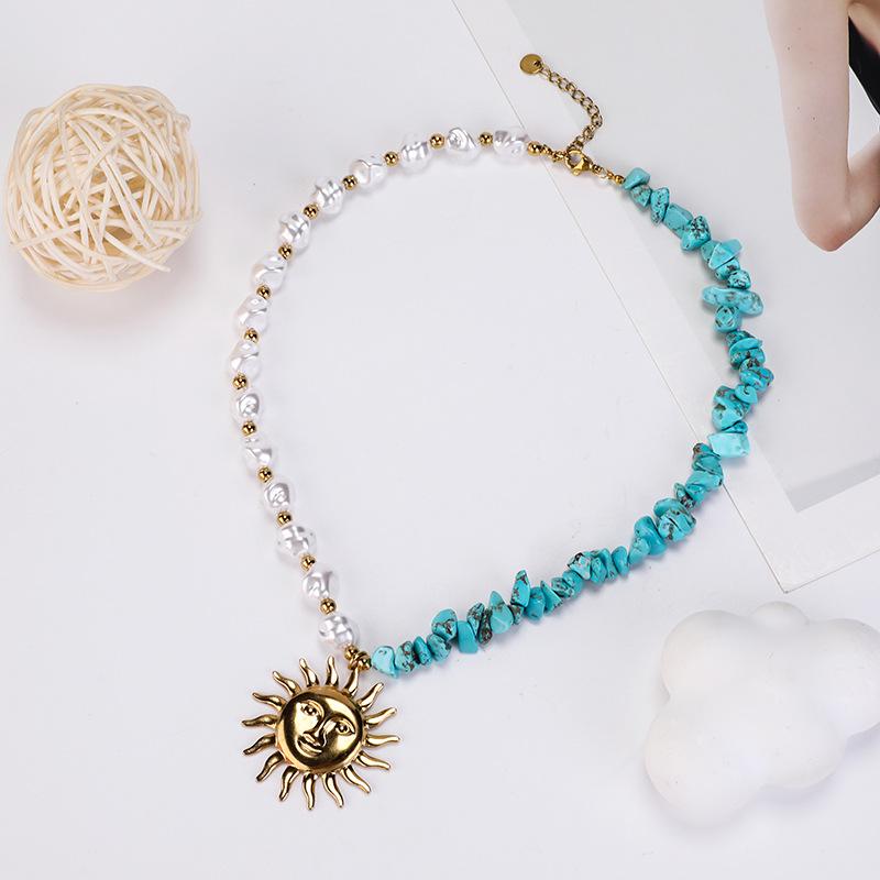 Bohemian Pearl Chip Beaded Sunflower Choker Necklace in Two-Tone Stainless Steel