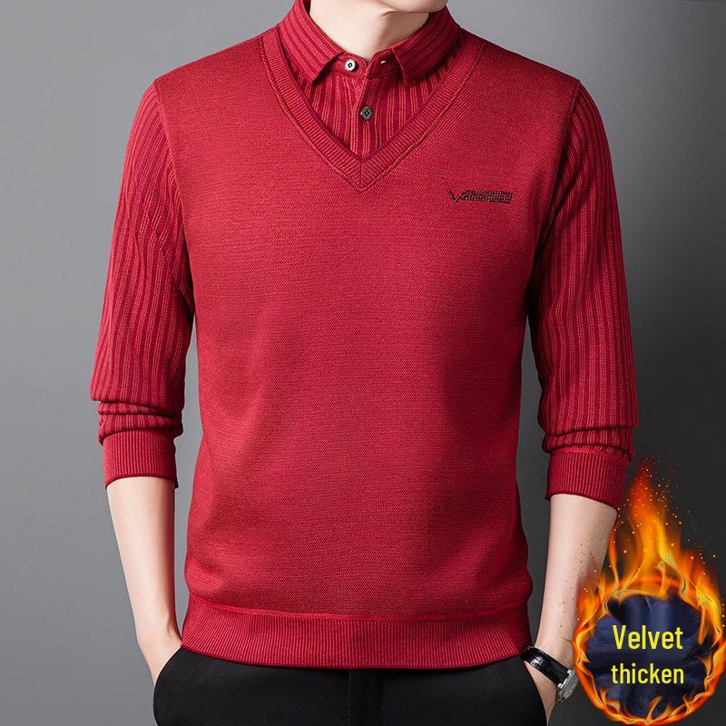 Men s Red Fleece-Lined Two-Piece Style Knit Sweater for Autumn/Winter L