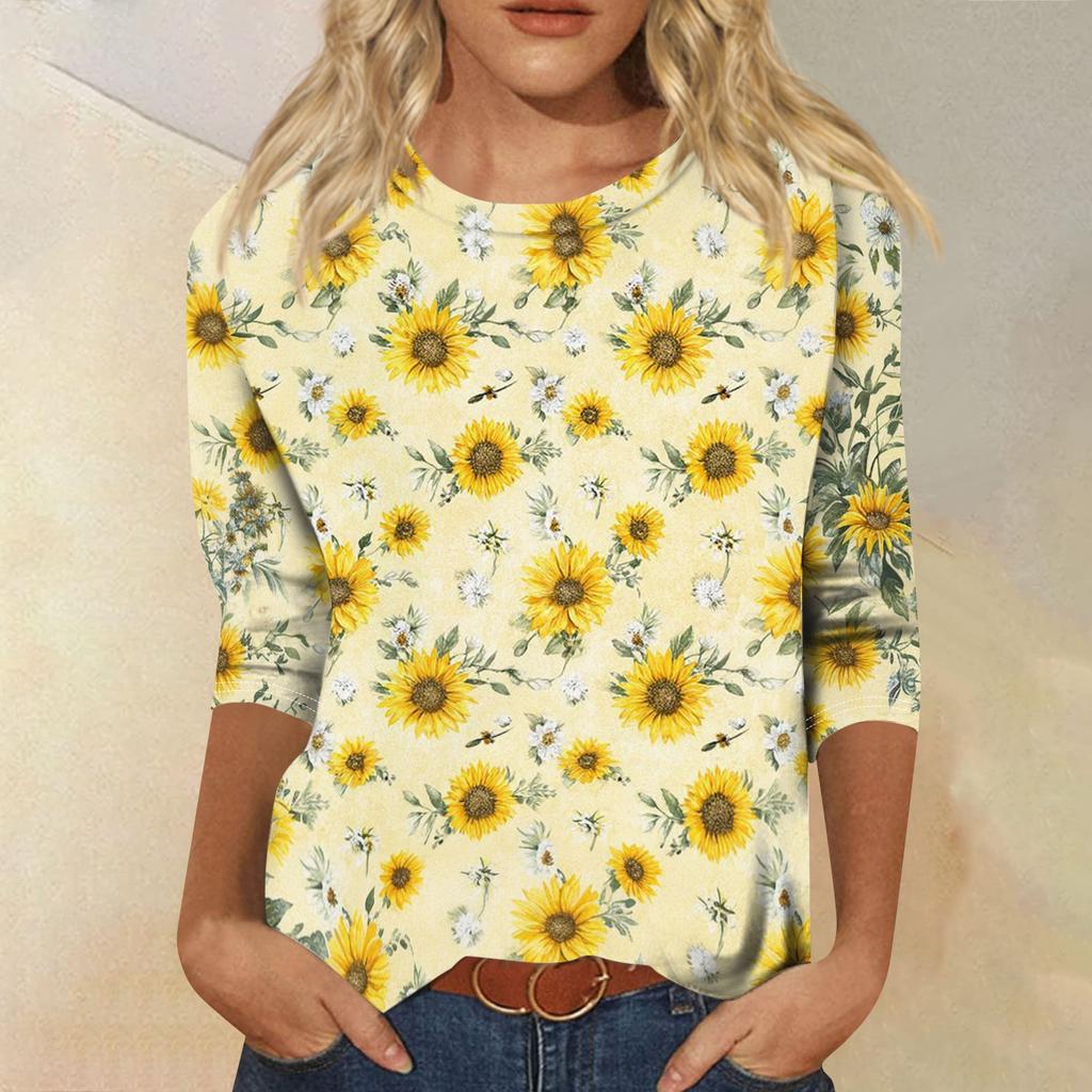 Women's Fashionable Casual Round Neck Three-Quarter Sleeve Printed T-Shirt Top