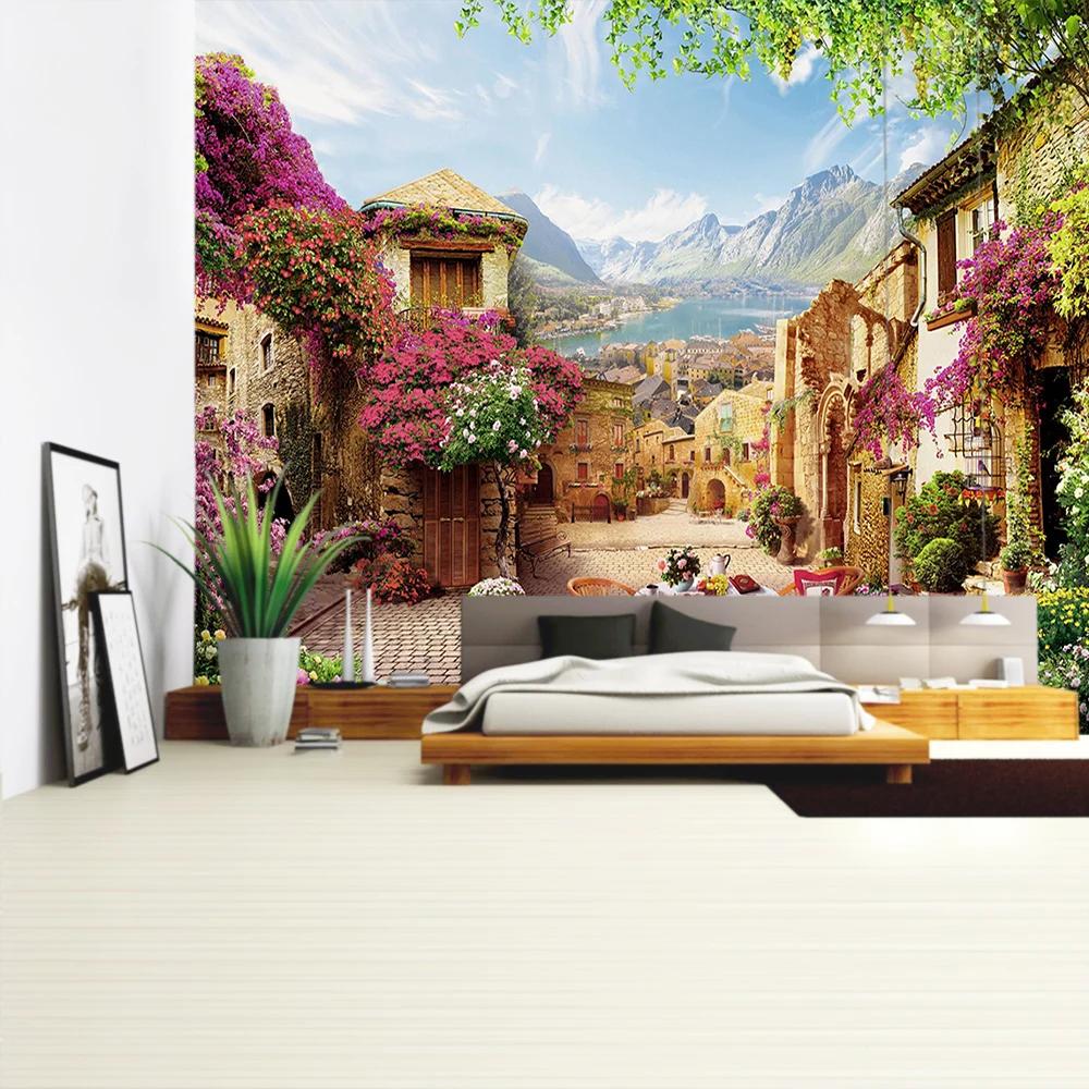 Balcony City Castle Hill Green Plant Landscape Printing Tapestry  Cheap Hippie Wall Hanging Bohemian Wall Tapestries