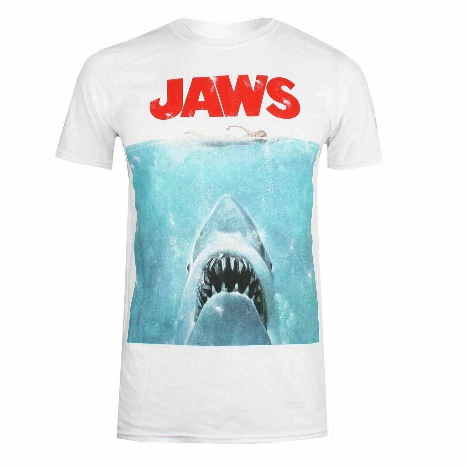 Official Jaws Mens Classic Movie Poster 100% Cotton T-shirt Mens Tees Top White S-XXL 4XL
