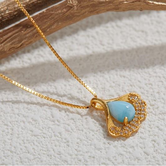 S925 Sterling Silver Ancient Gold Inlaid With Natural Sea Pattern Stone Fan-Shaped Necklace High-Quality Versatile Model Factory