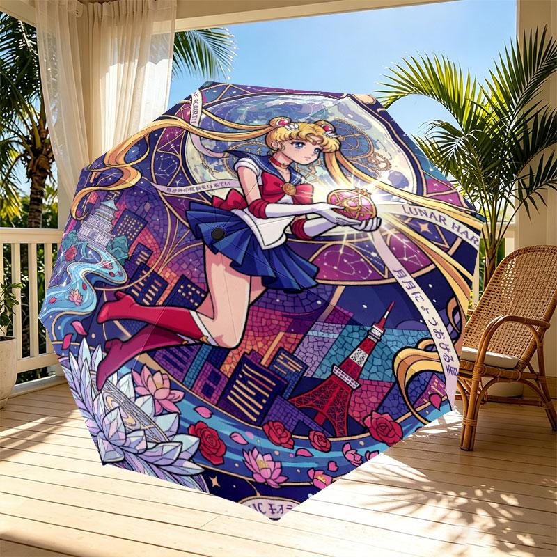 Sailor Moon Print Automatic Open Close Umbrella, Portable Foldable Umbrella, for Outdoor Commute Camping Trip, Ideal Birthday Gift