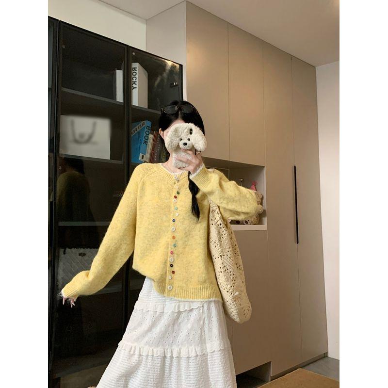 Kumikumi Sweet Chic Color Button Sweater Outwear Female Autumn Loose Slim Looking Niche Style Anti-Aging Top