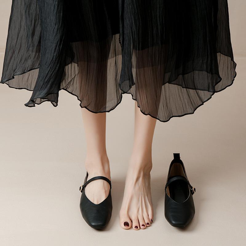 Kožené babičkovské boty na silném podpatku s páskem Mary Jane, francouzská čtvercová špička, dámské boty na středním podpatku, nové jarní a podzimní univerzální dámské boty