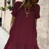 Women Summer Dress O Neck Ruffle Hem Patchwork Short Sleeves Pure Color Loose A-line Knee Length Casual Soft Daily Beach Midi Dress