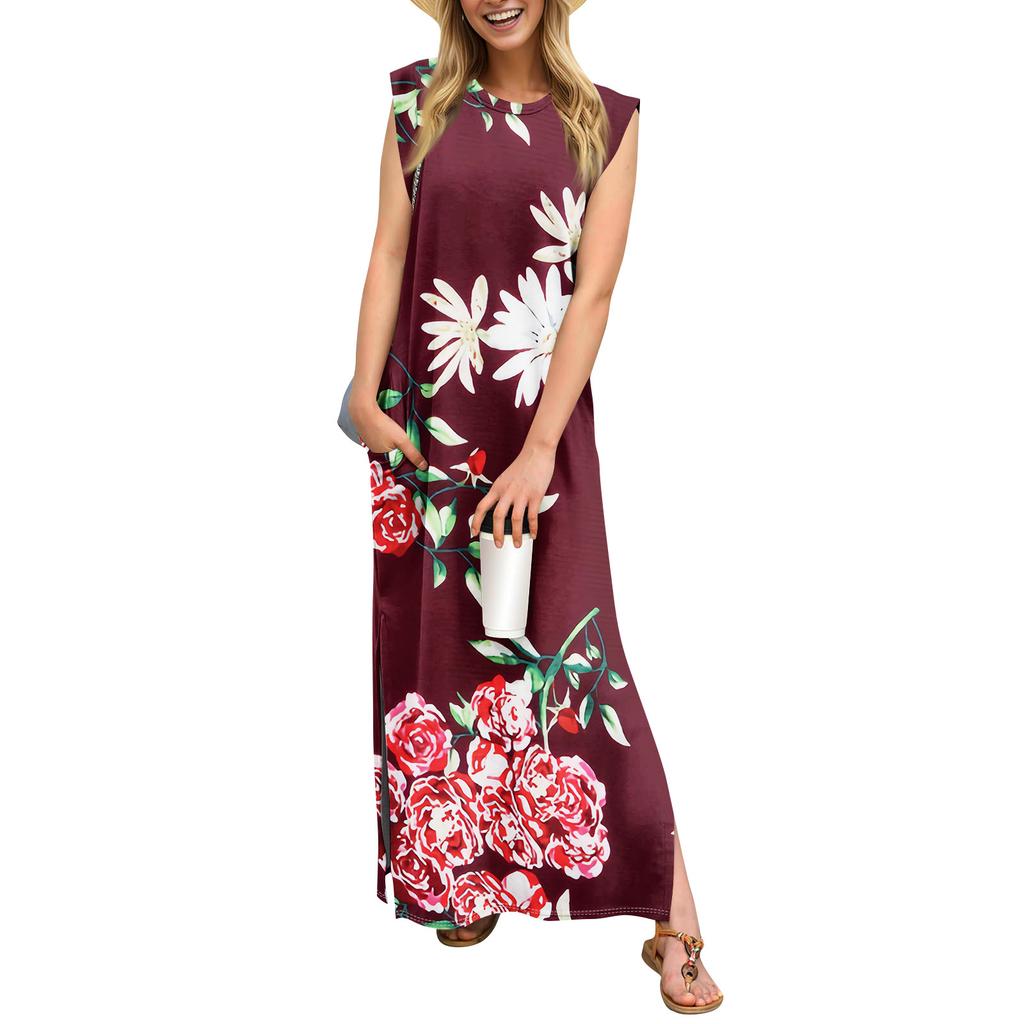 Summer Dresses For Women Round Neck Casual Loose Printing Split Wrinkle-Free Long Maxi Beach Dress With Pockets