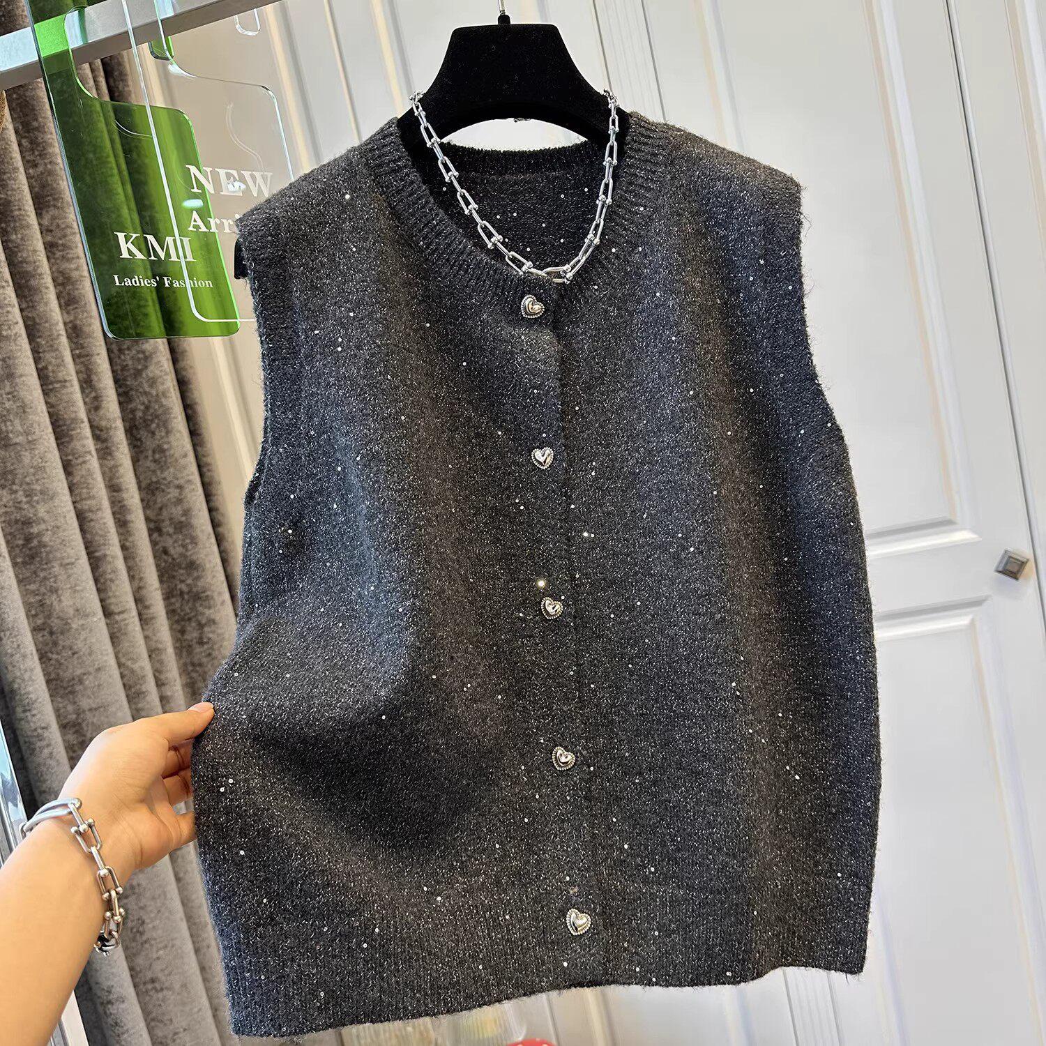 

Chic Sequin Sleeveless Knitted Cardigan for Women - Loose Plus Size Layering Top for Spring/Autumn XL сірий колір