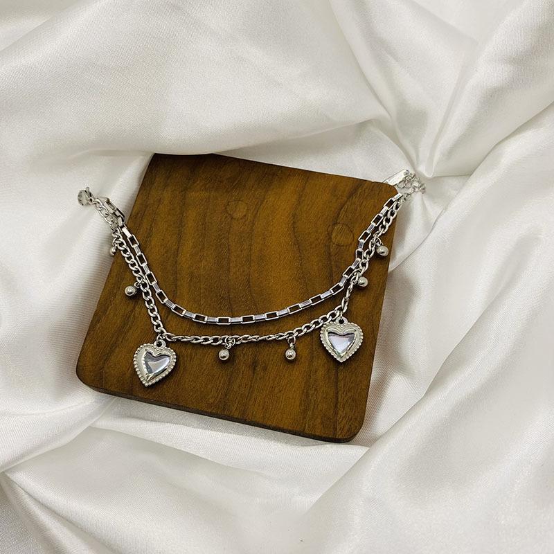 

Браслет для пар, двухслойный браслет в форме персикового сердца в стиле ретро, ​​браслет в дворцовом стиле, сердце для девушки, корейский стиль, ремесло 16-19cm серебряный