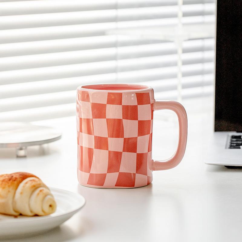 Checkerboard Irregular Mug Water Cup Couple High Value Ceramic Cup Ins Cup Gift